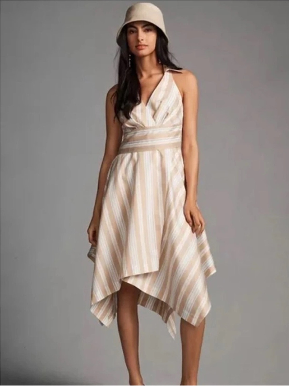Maeve Anthropologie Striped Halter Handkerchief Hem Dress in Beige and White 6